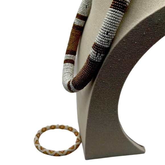 Beaded Necklace & Bracelet Set - Brown/White Beads - African Style Jewelry - 18" - Picture 3 of 7